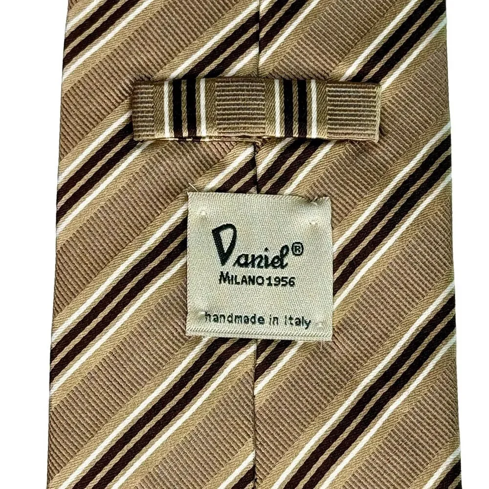 DANIEL Milano 1956 - Men's Silk Tie Brown Tan White Stripe REPP 60